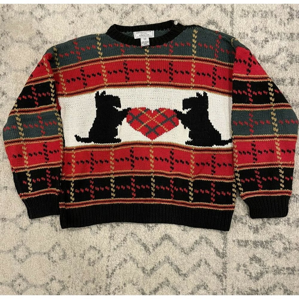 South Cotton Rare Vtg Hand knit 100% Cotton Holiday Dog Sweater Sz M